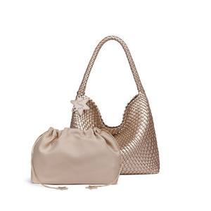 Ensemble <span class=keywords><strong>sac</strong></span> à bandoulière besace en <span class=keywords><strong>cuir</strong></span> PU métallique tissé scintillant de grande capacité fermeture magnétique pochette à cordon détachable - Product Image 2
