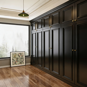 Armoire en bois massif noir mat de style shaker personnalisé, meubles de chambre à coucher de style français avec charnières à fermeture douce Garde-robe - Product Image 2