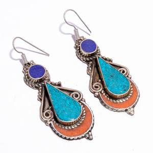 Turquesa, pendientes de piedras preciosas de gota de Coral, pendientes de plata tibetana de moda, joyería en línea de diseño - Product Image 2