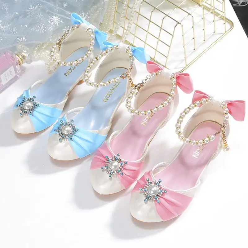 Mädchen rosa blau PU Perle High Heel Prinzessin Schuhe Kind Braut Hochzeit Pailletten Tanz Party Kristall Schuhe