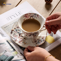 Ensemble tasse et soucoupe en porcelaine personnalisée, style européen, élégant, floral, plaqué or, isolé, résistant à la chaleur