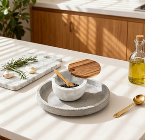 Cantina di sale in marmo grigio <span class=keywords><strong>nero</strong></span> con coperchio in legno e cucchiaio di zucchero <span class=keywords><strong>spezie</strong></span> condimento ciotola contenitore contenitore <span class=keywords><strong>porta</strong></span> <span class=keywords><strong>porta</strong></span>-vasetti per cucina - Product Image 2