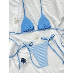 RoseSeek Conjunto de bikini a rayas de 2 piezas para mujer, top triangular, parte inferior con cordones, traje de baño - Product Image 4