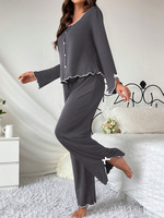 Ensemble de pyjama pour femme gris foncé avec bordure blanche, hauts à manches longues boutonnés et pantalon, vêtements de détente décontractés, 2 pièces