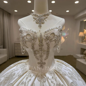 Satin Diamond Embellished Modern <b>Wedding</b> Chapel Train Ball Gown Sweetheart Bride Dress Plus Size Outdoor for - Product Image 4