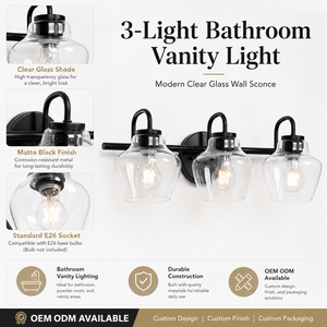Modern 3 <b>Light</b> Bathroom Vanity Wall <b>Light</b> Matte Black Clear Glass Shade E26 Mirror <b>Sconce</b> OEM ODM Factory - Product Image 6