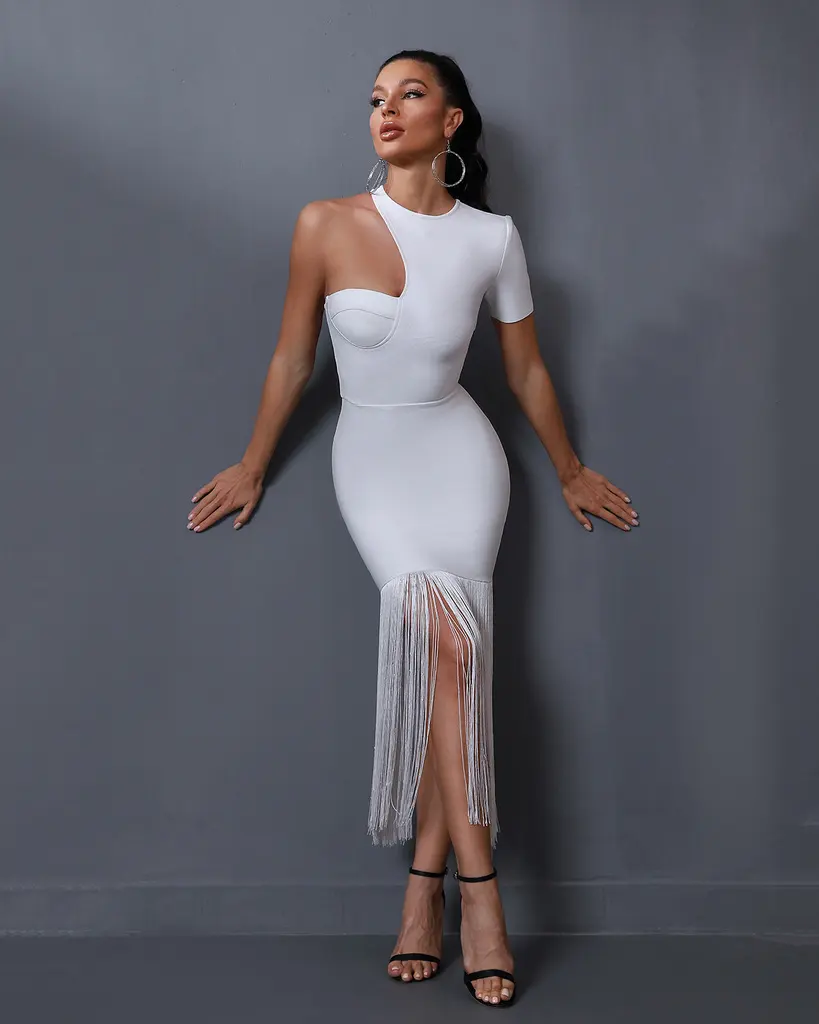 Oc strade Brand White Bandage Elastische Kleider Aus geschnitten Lange Quaste Bodycon Kleid Eine Schulter Sexy Weißes Abendkleid Elegant