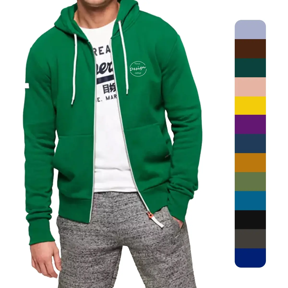 Custom Logo OEM Fleece Winter Green Blank Jacket Man Oversized Embroidery Street Wear Heavyweight Blank Sport Men Zipper Hoodie