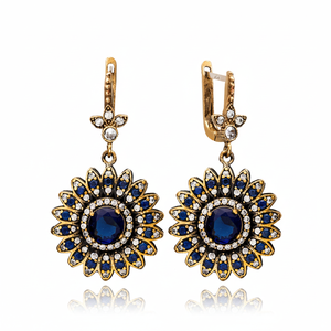 Flower Design <b>Sapphire</b> CZ Round Shape Ottoman Authentic 925 Silver <b>Earrings</b> Jewelry - Product Image 2