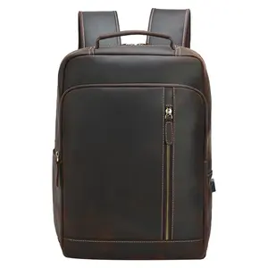 Retro ODM OEM Custom Logo Men's Genuine Cow Leather Backpack Bag For Daily Dark Brown Black Full Grain Leather Laptop Back Pack