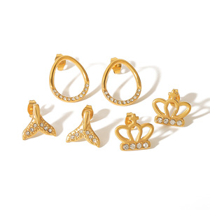 Fashion Stud Earrings <b>Titanium</b> Steel 18k Gold Plated Crown Fishtail Circle Design Diamond Encrusted Party Jewelry - Product Image 3