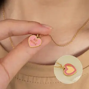 New Fashion Heart Necklace Stainless Steel 18k Gold Plated Pink Enamel Heart Necklace Waterproof Cute Necklace