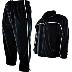 Ensemble de survêtement en velours noir pour hommes et femmes, veste à col montant avec fermeture éclair, pantalon à cordon de serrage avec passepoil blanc - Product Image 5