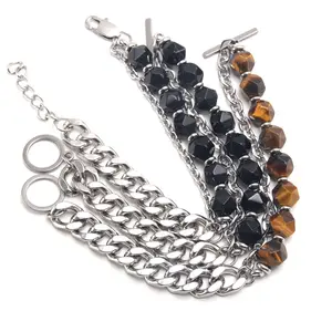 Venta al por mayor de pulseras de joyería de ónix negro ojo de tigre de piedra natural de acero inoxidable pulsera de cuentas facetadas para los hombres