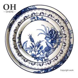 Ohere独家新款设计蓝色牡丹花图案瓷器餐具高档骨瓷餐具套装手绘餐具