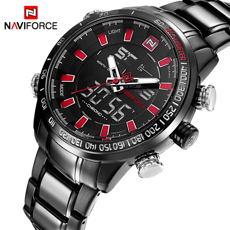 NAVIFORCE 9093 Fashion Quartz Watch for Men Luxury Dual Display LCD Calendar waterproof Stop Sport Watches Luminous Wristwatch