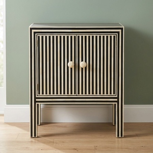 Mesita de Noche Artesanal Ecológica con Incrustaciones de Hueso, Diseño Moderno, Forma Redonda, Patrón de Rayas en Cascada - Product Image 4