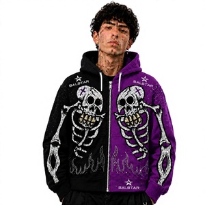 Sweat à capuche squelette noir et violet personnalisé pour homme, style gothique, broderie strass, fermeture éclair, streetwear tendance - Product Image 1