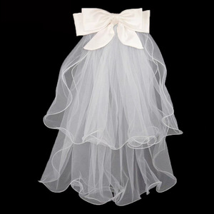 Robe de mariée populaire ODM en style voile appliqué avec nœud, pour adultes et enfants, certifiée, double couche, courte, blanc nacré - Product Image 2