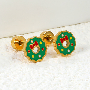 Christmas Wreath <b>Earrings</b> Green Red Bow Gold Plated Studs Women's Fashion Jewelry Gift Occasion Accessory - Product Image 1