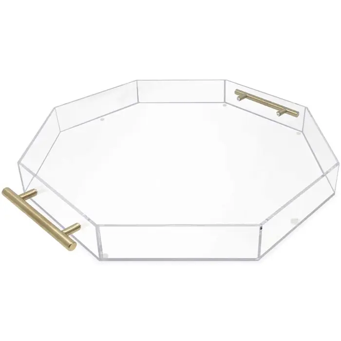 Clear Octagon Acrylic Serving Tray With Metal Handles For Storage Organizer Wholesale Lucite Food Drinks Tray