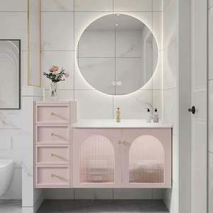French Romantic Pink <b>Wood</b> <b>Bathroom</b> <b>Cabinet</b> Easy to Clean Single <b>Bathroom</b> Vanity with extra Large Space - Product Image 3