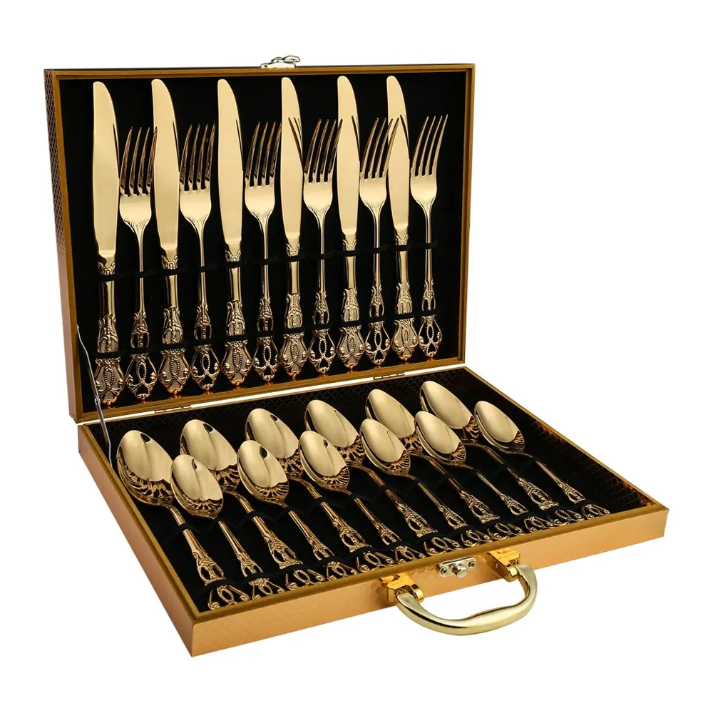 Set sendok garpu baja tahan karat klasik isi 24 buah, Set peralatan makan elegan dial emas untuk ruang makan dan menghibur