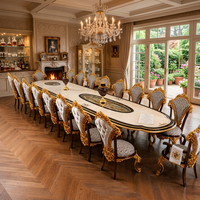 Ensemble table et chaises de salle à manger en bois massif de style français, sculpté et doré à la feuille d'or, style européen, table de cuisine de luxe haut de gamme