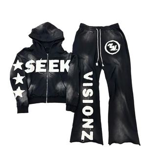 Ensemble de survêtement pour homme avec broderie surdimensionnée délavée à l'acide, style vintage, pantalon évasé respirant pour l'automne - Product Image 1