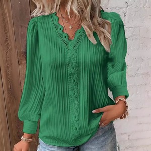 Camicette in pizzo slim fit da <span class=keywords><strong>donna</strong></span> a maniche lunghe con scollo a V, tinta unita, <span class=keywords><strong>taglie</strong></span> <span class=keywords><strong>forti</strong></span>, <span class=keywords><strong>abbigliamento</strong></span> femminile - Articolo caldo del momento - Product Image 4