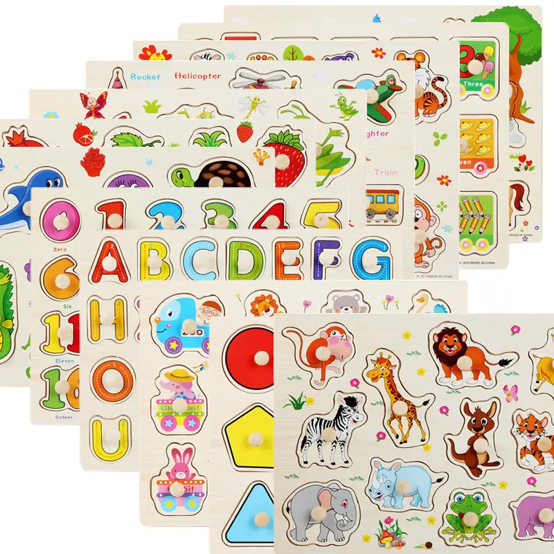 Wooden alphanumeric hand grasping jigsaw animal fruit cognitive puzzle board montessori toys early education toys for toddles
