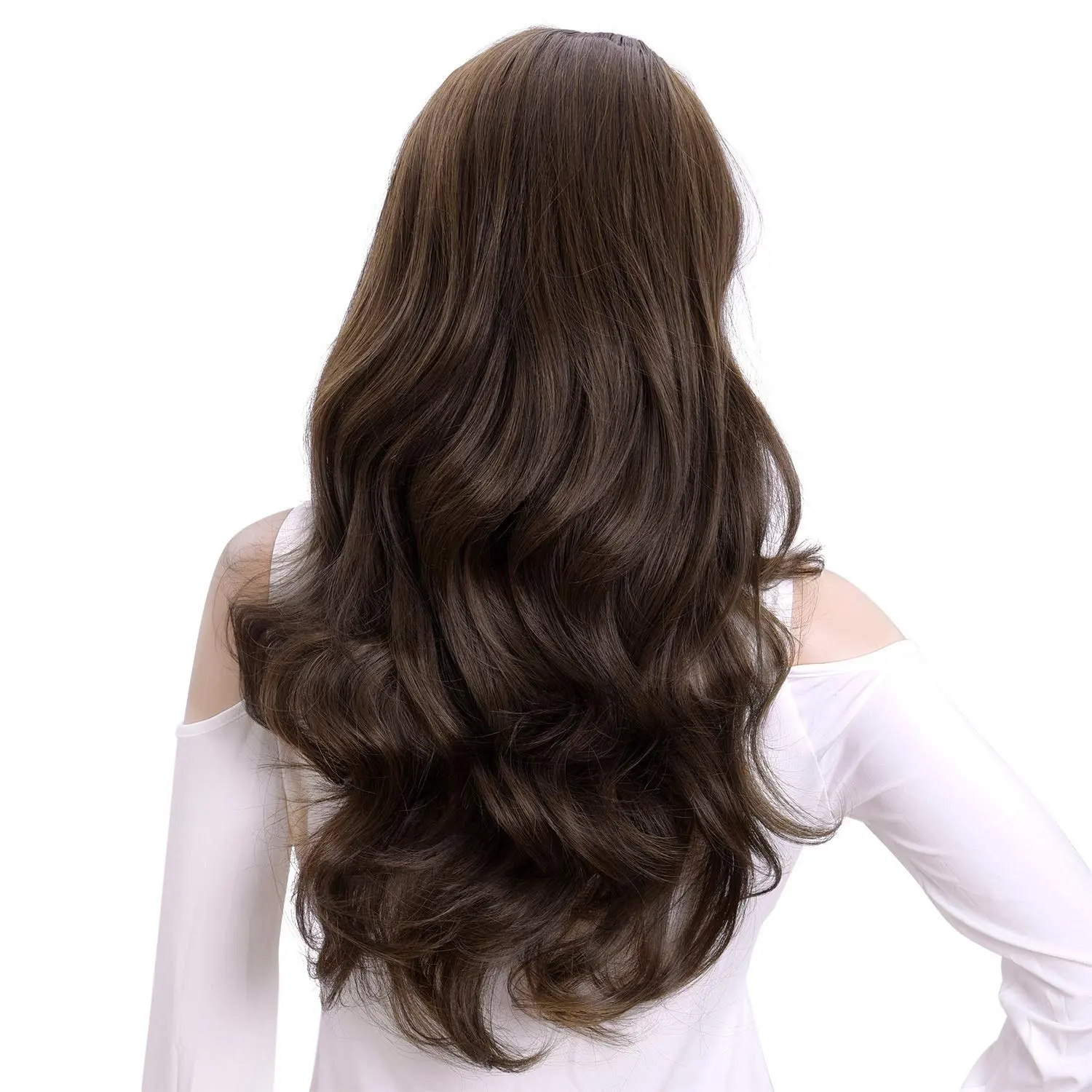 24" Long Wavy Darkest Brown 3/4 Half Wig Clip in Half Head Tied Women Wig Premium Japanese Synthetic Soft Fiber Hair Extension