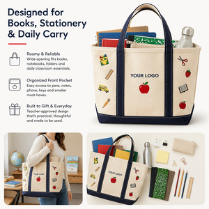 SHINY 2026 Heavy Duty Eco-friendly Cotton Canvas Embroidery <strong>Teacher</strong> <strong>Tote</strong> <strong>Bag</strong> Rope Long Custom Logo Multi Patch School Gift - Product Image 3