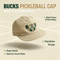 Casquette de sport beige à 5 panneaux avec broderie Bucks Pickleball, cordon réglable sur le devant, idéale pour le camping, le vélo, les jeux et le quotidien