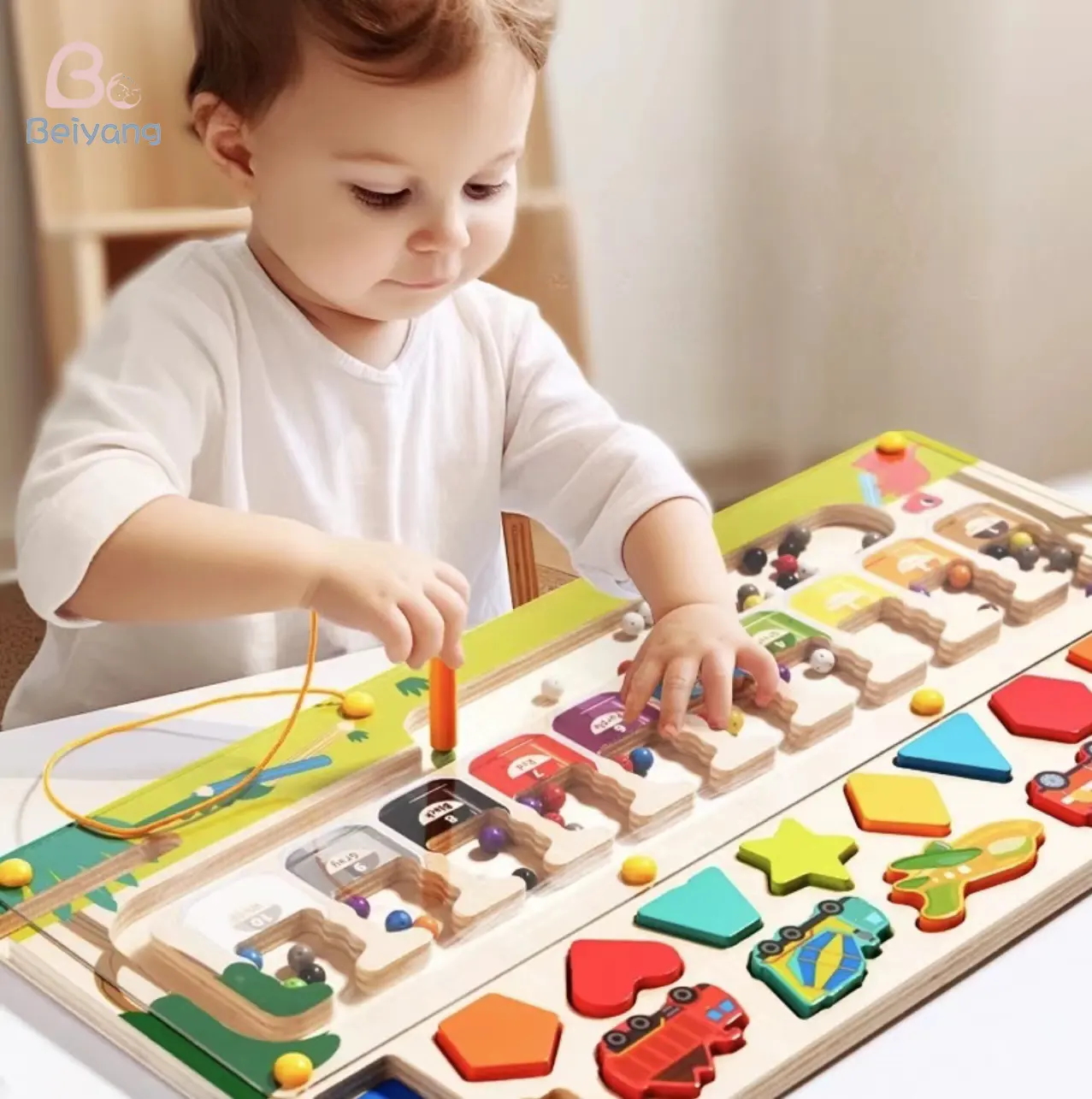 Quebra-cabeça de madeira para crianças, jogo de tabuleiro 3 em 1 com classificação de cores, brinquedo Montessori educacional infantil, contas magnéticas labirinto