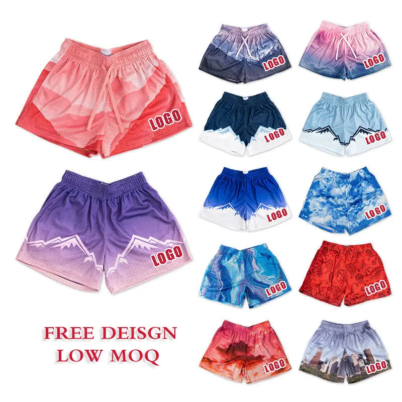 Low MOQ New Fashion Summer Basic Men Beach Shorts 5 inches inseam All Over Printing Custom Basketball Mesh Shorts