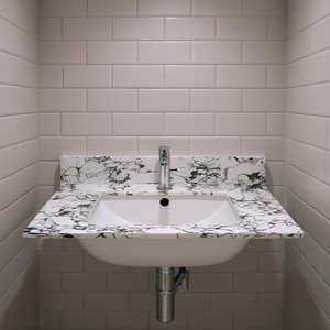 Encimera de Baño Carrara Blanco y Negro 31x22, Mármol Artificial, Preperforada, Fregadero de Cerámica Empotrado, Protector de Salpicaduras - Product Image 2