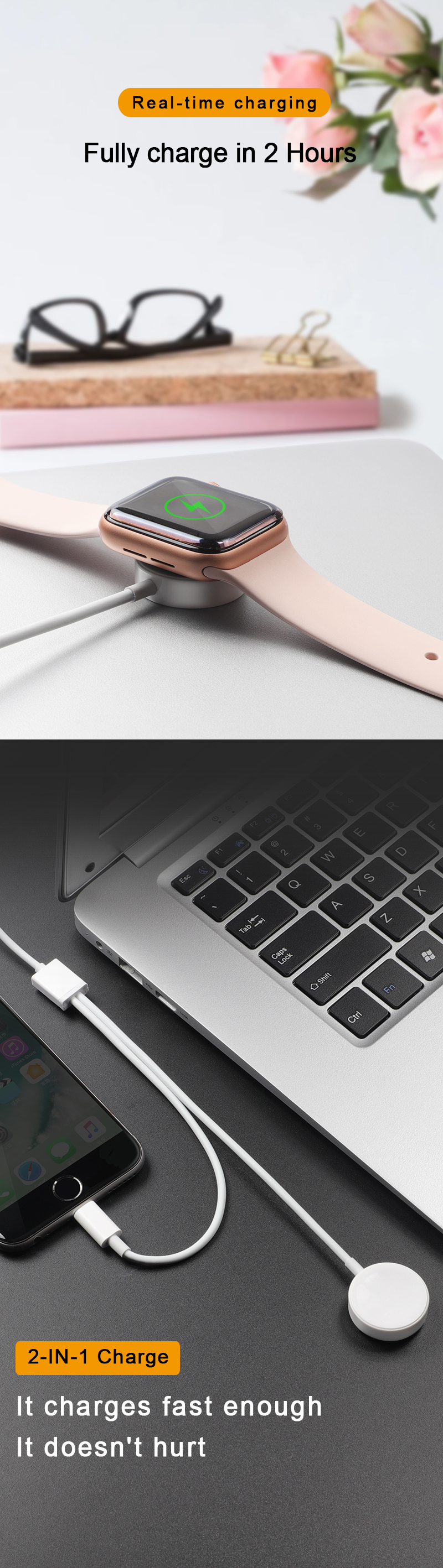 2 in 1 usb data cable for iphone and watch charging cable