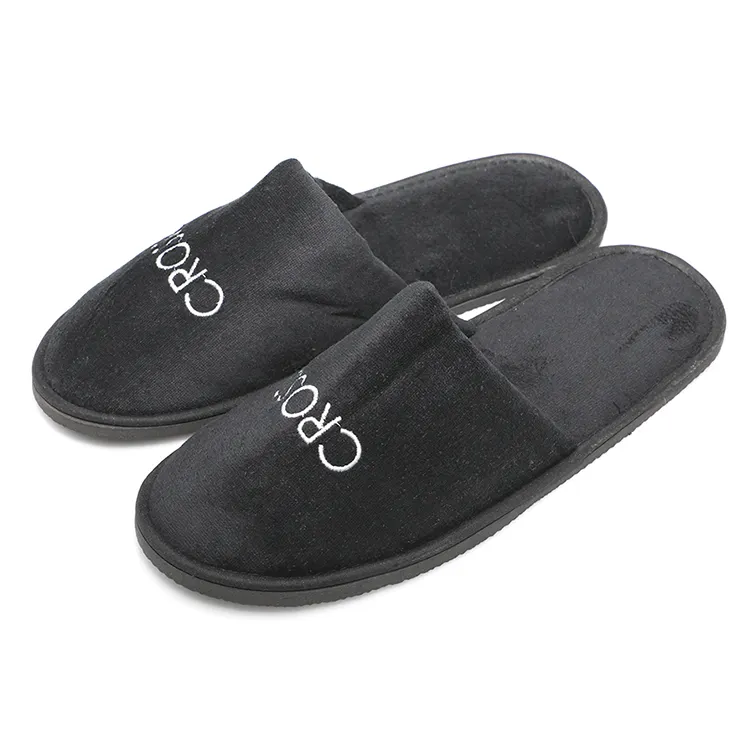 Wholesale Black Cotton Velour Disposable Customized Hotel Slippers with Embroidered Logo