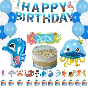 LUCKY Ocean-themed Starfish Octopus Dolphin Jellyfish Birthday Party Set Flag Cake And Balloon