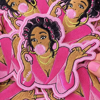 Parche bordado con diseño de dibujos animados, termoadhesivo para ropa, troquelado, con diseño de chica negra, personalizado, bordado al por mayor