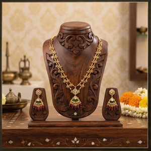 Conjunto de Joyería Fina de Oro para Mujer Prayom, Collar y Aretes con Perlas de Agua Dulce, Estilo Kundan, Regalo de Gujarat, 30.47g - Product Image 1