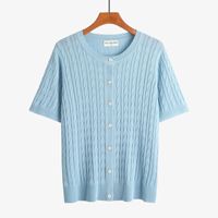 Cardigan en maille personnalisable pour femme, col rond, manches courtes, motif torsadé jacquard, boutonnage frontal, haut tricoté décontracté 3861