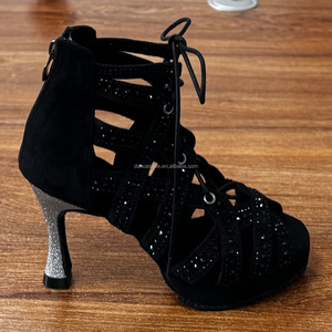 Chaussures de danse latine en daim noir LUOQIAO S021 avec strass, talons brillants pour <span class=keywords><strong>salsa</strong></span>/bachata, lacets, bottes de jazz pour femmes - Product Image 4
