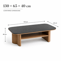 Table basse rectangulaire moderne avec surface arrondie noire, structure en bois et étagère ouverte pour salon 130 x 65 x 40 cm