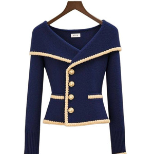 Cardigan en tricot pour femme à revers contrastant - Pull décontracté boutonné pour le bureau, tendance - Product Image 6