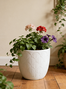 Glazed Ceramic Flower <b>Pot</b> Set Matte White Palm Leaf Embossed Texture Indoor Planters <b>Drainage</b> Hole Eco-Friendly Home Garden - Product Image 3