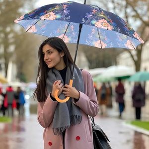 Parapluie droit semi-automatique anti-vent avec poignée en bois et crochet en fibre de verre, panneaux en pongee, toutes saisons, cadeau publicitaire - Product Image 3