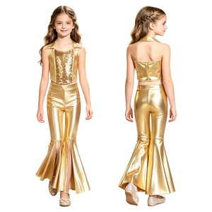 Conjunto Metálico de Dos Piezas para Niñas: Top Halter Corto y Pantalones Acampanados con Espalda Descubierta, Disfraz de Baile para Actuaciones y Fiestas, Personalizable - Product Image 3