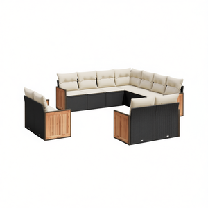 Ensemble de canapés de jardin en rotin blanc crème et noir, 6 places, résistant aux intempéries, mobilier d'extérieur au design contemporain, panneau en teck - Product Image 1